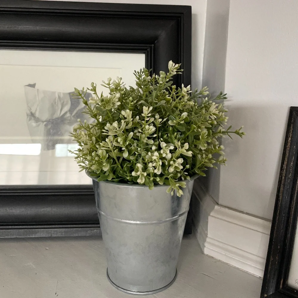 Small faux potted plant silver tin farmhouse bucket